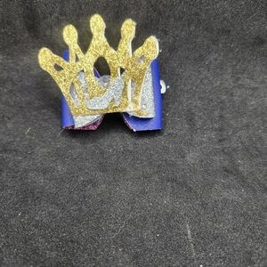Hand Crafted Blue, Silver and Gold Crown Glitter  Hair Bow Barrette Clip